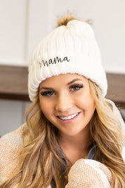 Mama Embroidered Faux Fur Pom Beanie Cap | Daverri Fashions