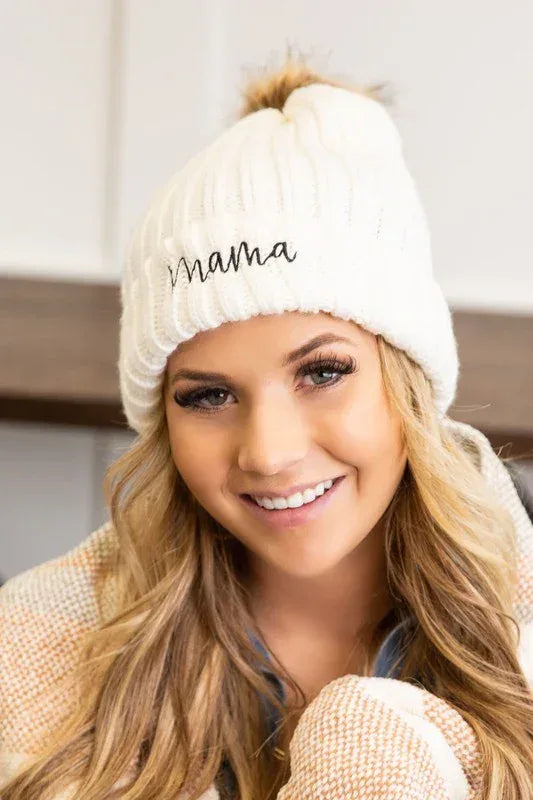 Mama Embroidered Faux Fur Pom Beanie Cap - DAVERRI FASHIONS