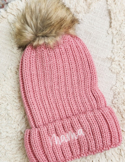 Blush 1 Mama Embroidered Faux Fur Pom Beanie Cap | Daverri Fashions