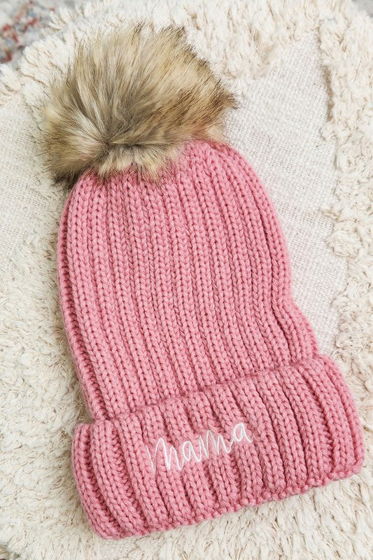 Blush 1 Mama Embroidered Faux Fur Pom Beanie Cap | Daverri Fashions