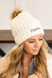 Cream 1 Mama Embroidered Faux Fur Pom Beanie Cap | Daverri Fashions
