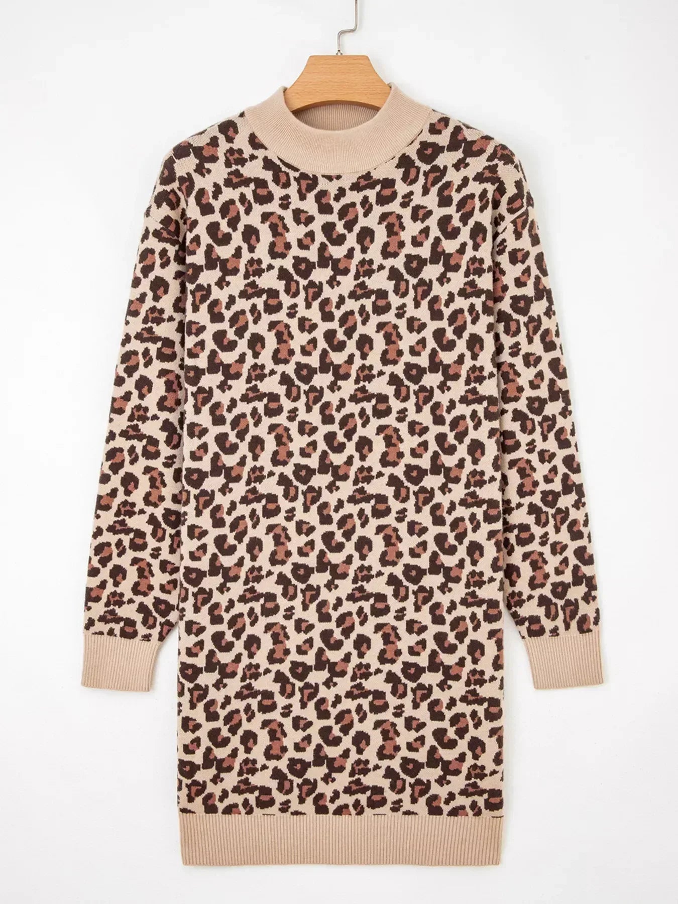 Leopard Print High Neck Shift Mini Sweater Dress - DAVERRI FASHIONS