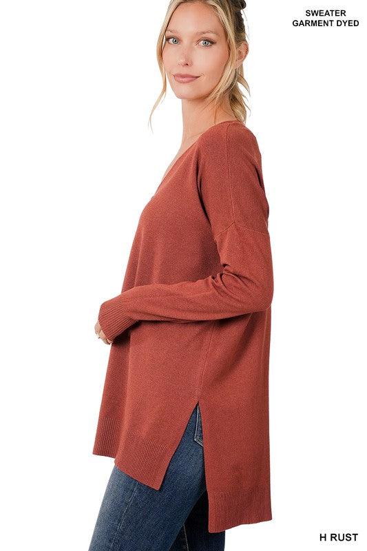 Hi-Low Hem V-Neck Center Seam Sweater Sweaters