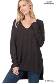 Hi-Low Hem V-Neck Center Seam Sweater Tops