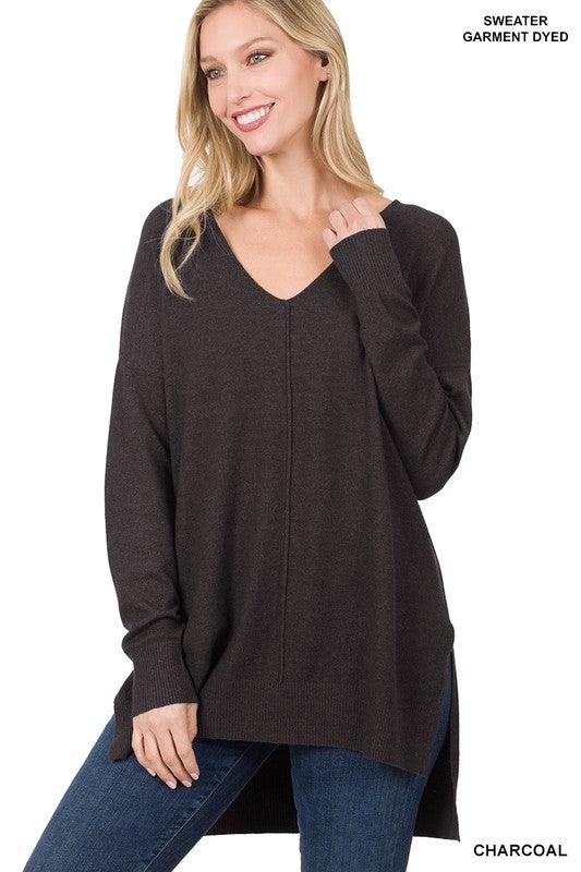 Hi-Low Hem V-Neck Center Seam Sweater CHARCOAL Sweaters