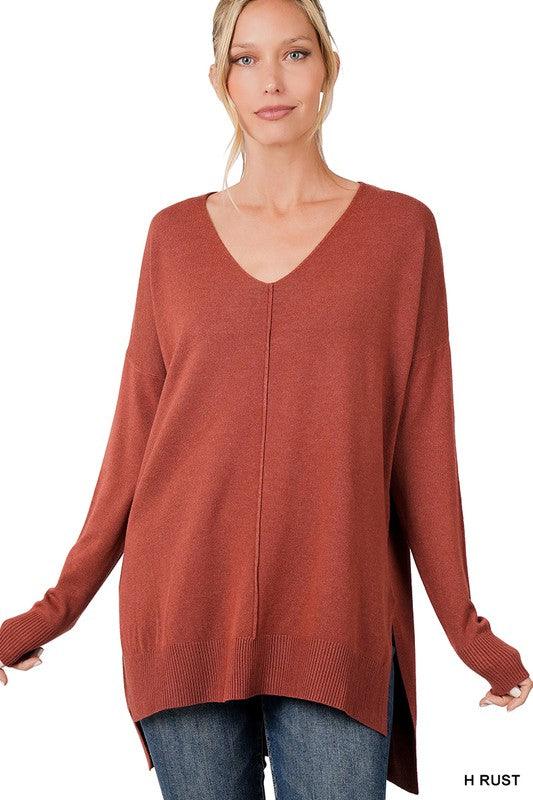 Hi-Low Hem V-Neck Center Seam Sweater Sweaters