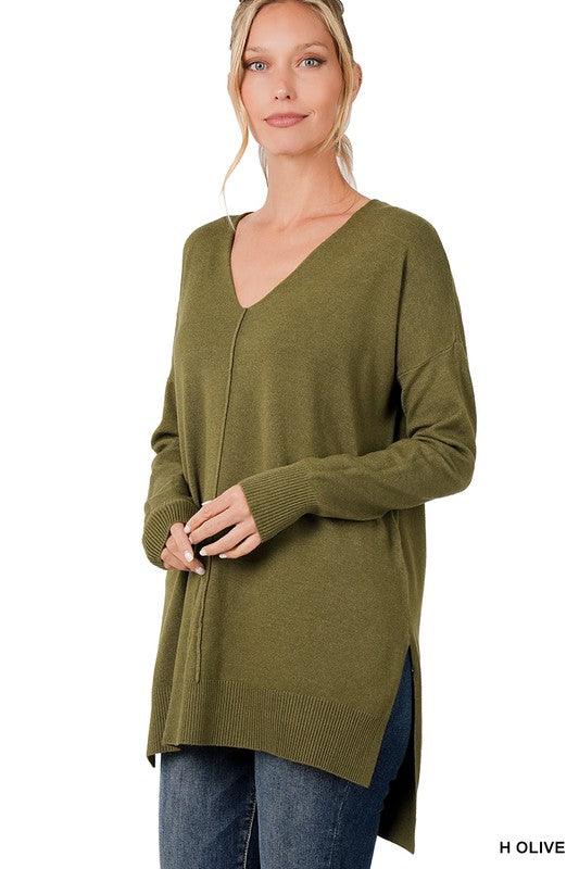 Hi-Low Hem V-Neck Center Seam Sweater Sweaters