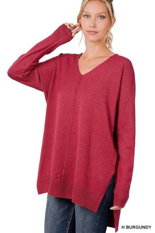 Hi-Low Hem V-Neck Center Seam Sweater H BURGUNDY S Tops