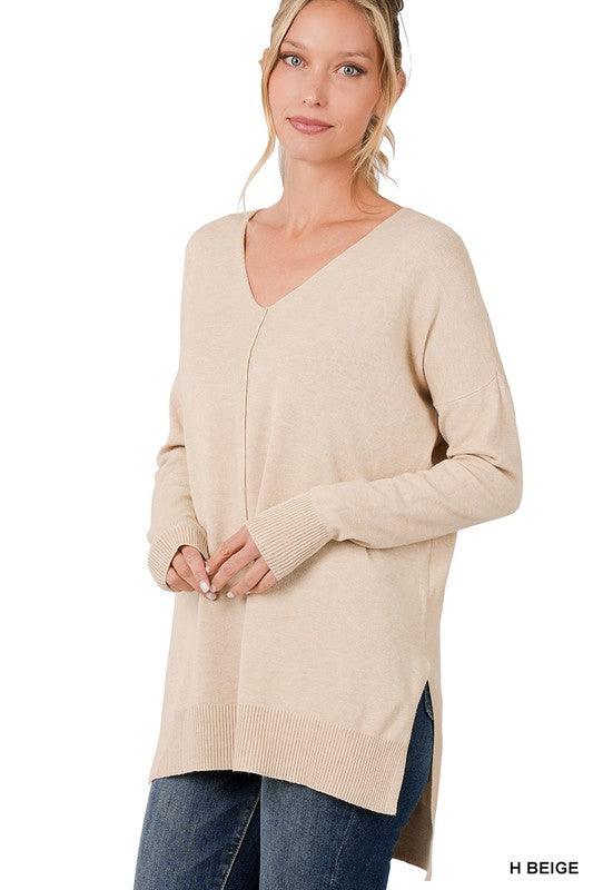 Hi-Low Hem V-Neck Center Seam Sweater Sweaters