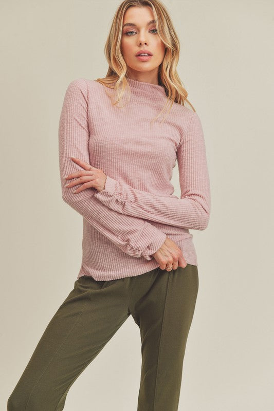 Soft pink ribbed knit Aemi + Co mock neck ruched sleeve top