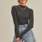Dark gray Aemi + Co mock neck ruched sleeve knit top
