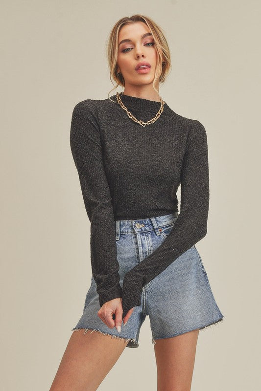Dark gray Aemi + Co mock neck ruched sleeve knit top