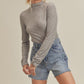 Aemi + Co gray ribbed turtleneck top with ruched sleeves