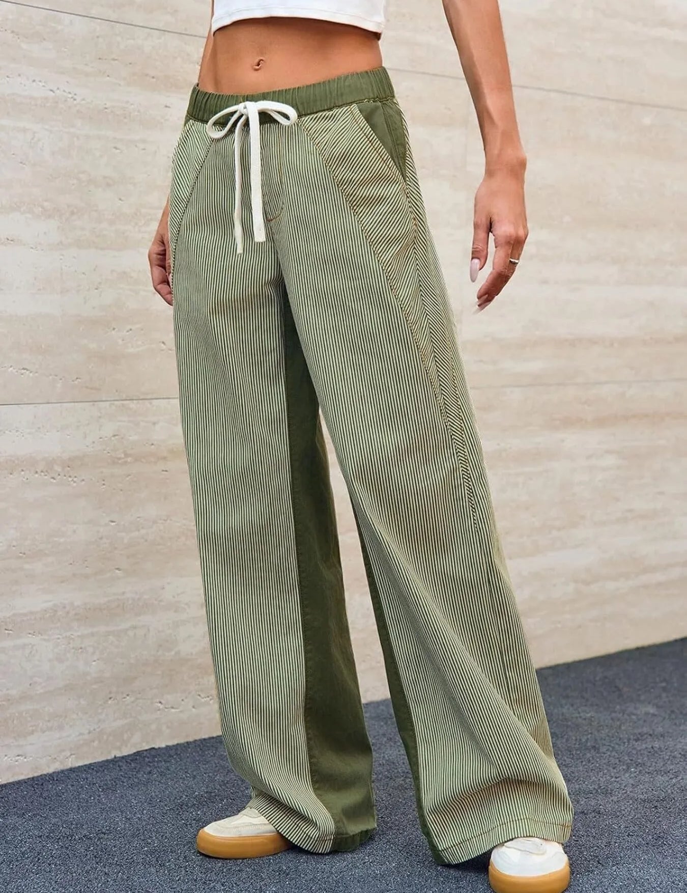 Army Green Striped Wide Leg Jeans | Pants Daverri Fashions