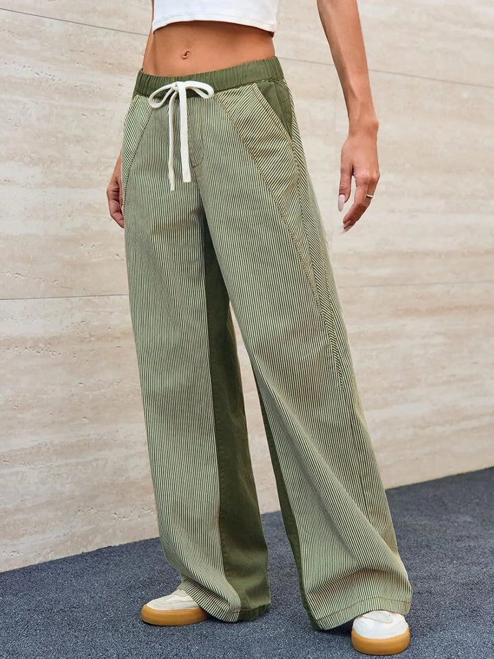 Army Green Striped Wide Leg Jeans | Pants Daverri Fashions