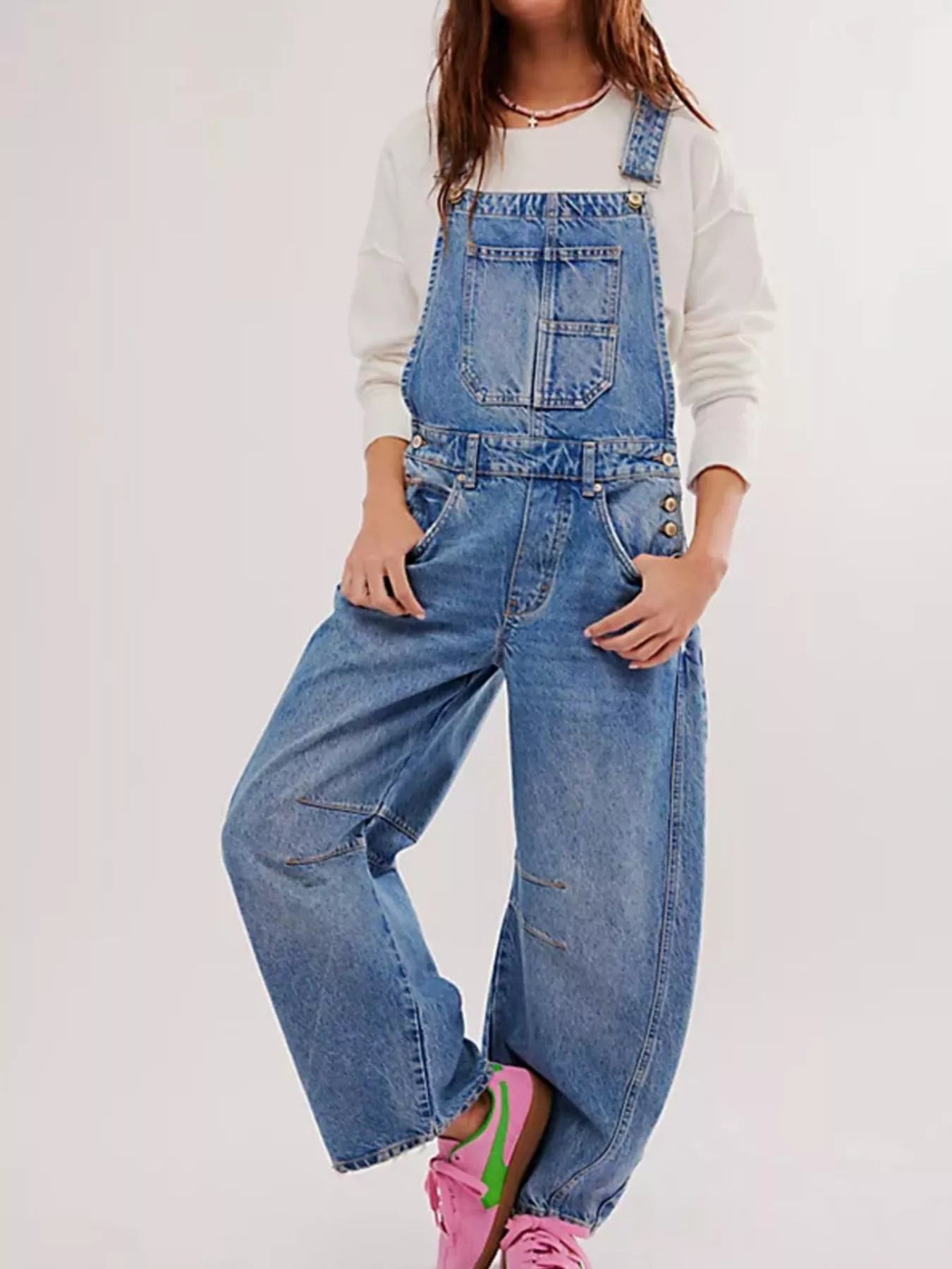 Wide strap wide leg denim overalls in blue with relaxed cut and pockets