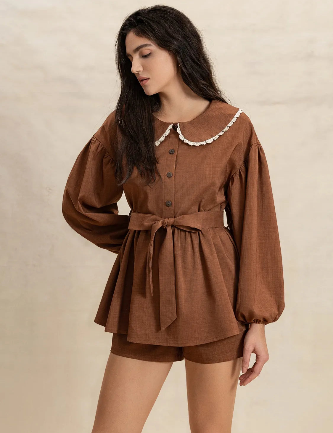Brown Peter Pan Collar Balloon Sleeve Top and Shorts Set | Daverri Fashions