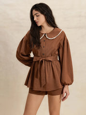Brown Peter Pan Collar Balloon Sleeve Top and Shorts Set | Daverri Fashions