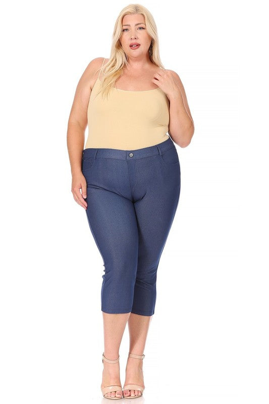 Plus Size Stretchy Pull Up Capri Jeggings Denim Blue Pants