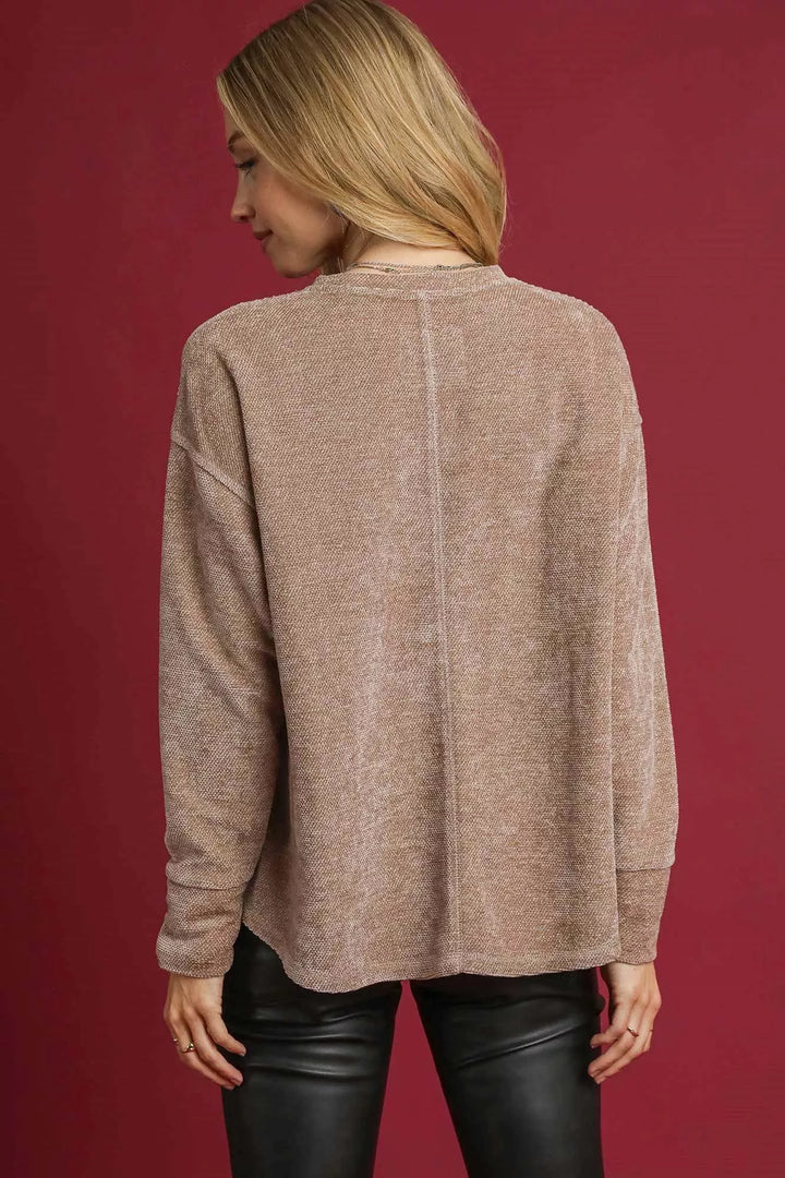 Umgee Round Neck Long Sleeve Side Slit Top | Knit Tops Daverri Fashions