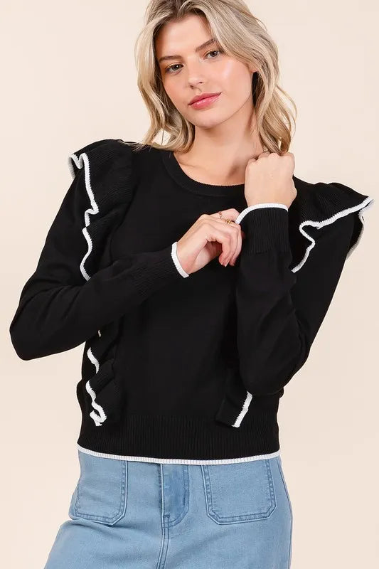 Mittoshop Contrast Trim Ruffled Round Neck Knit Top | Tops Daverri Fashions
