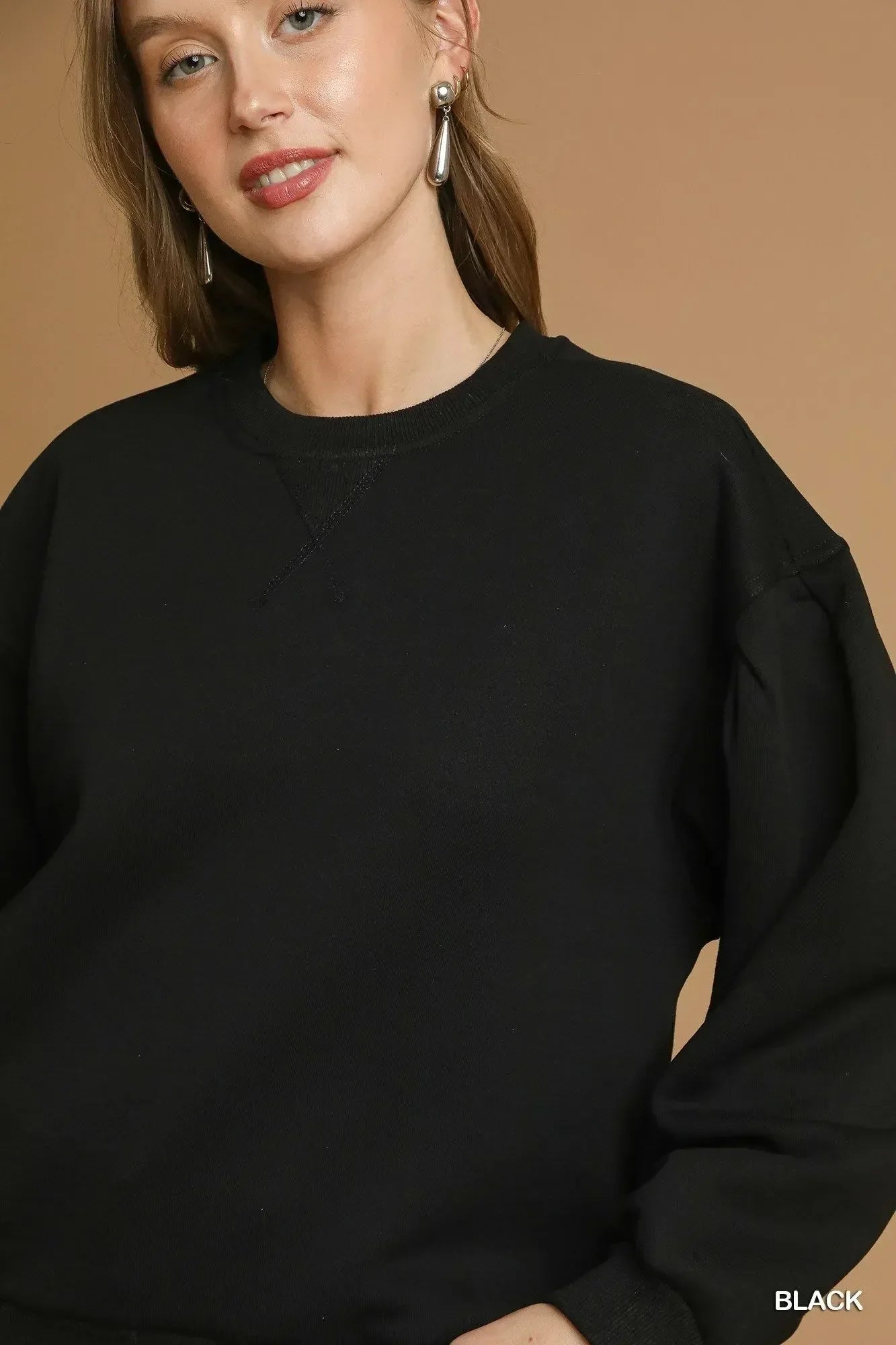 Umgee Round Neck Sweatshirt with Pleated Detail - DAVERRI FASHIONS