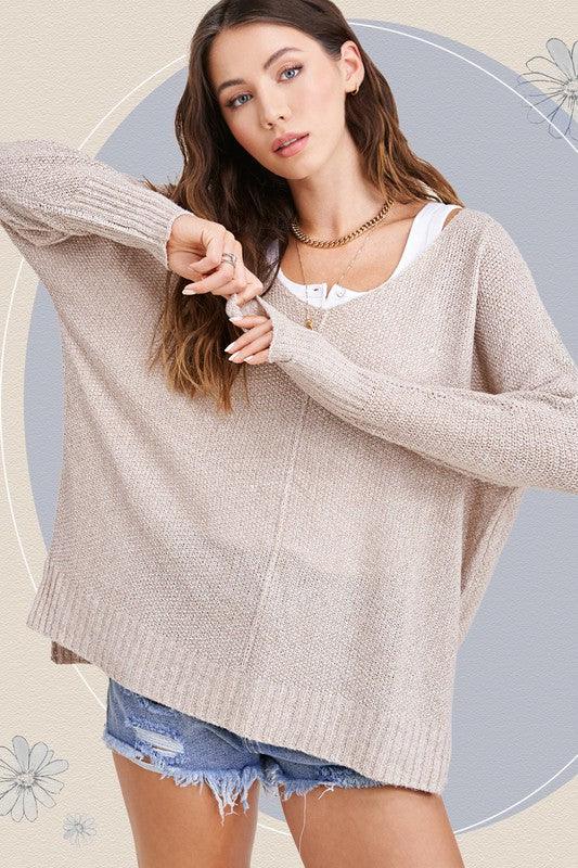 La Miel Relaxed Fit Side Slit Sweater TAUPE L Sweaters
