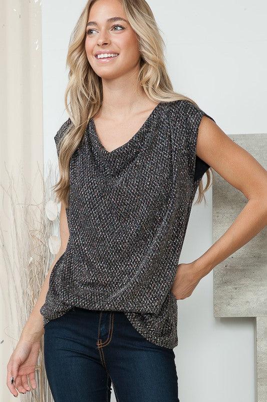 Cowl Neck Lurex Top Glittered Diamond Print Shirts & Tops