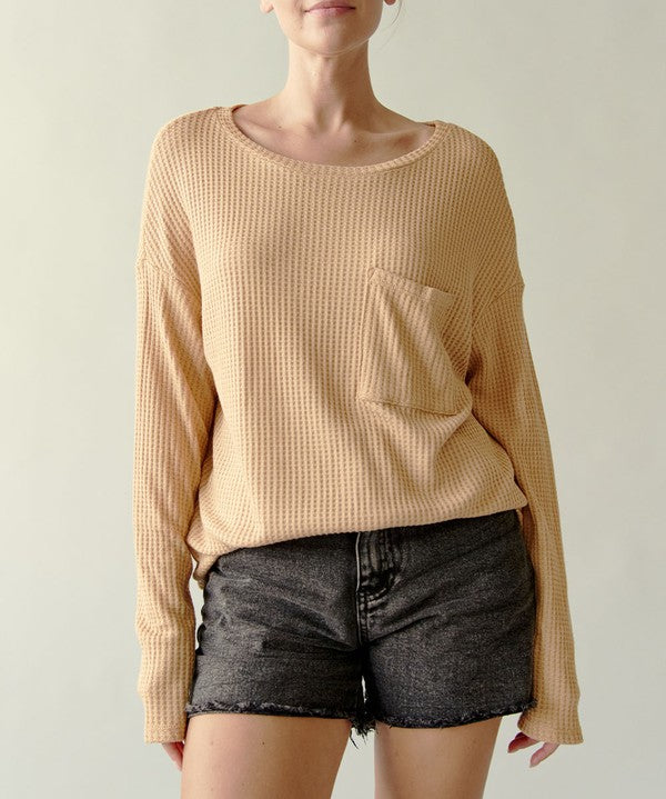 Bamboo Waffle Long Sleeve Oversized Pullover Top Tops