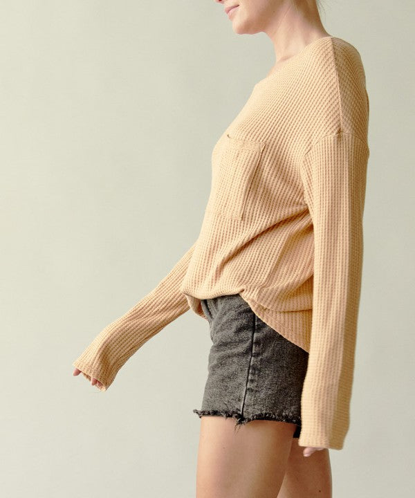 Bamboo Waffle Long Sleeve Oversized Pullover Top Tops