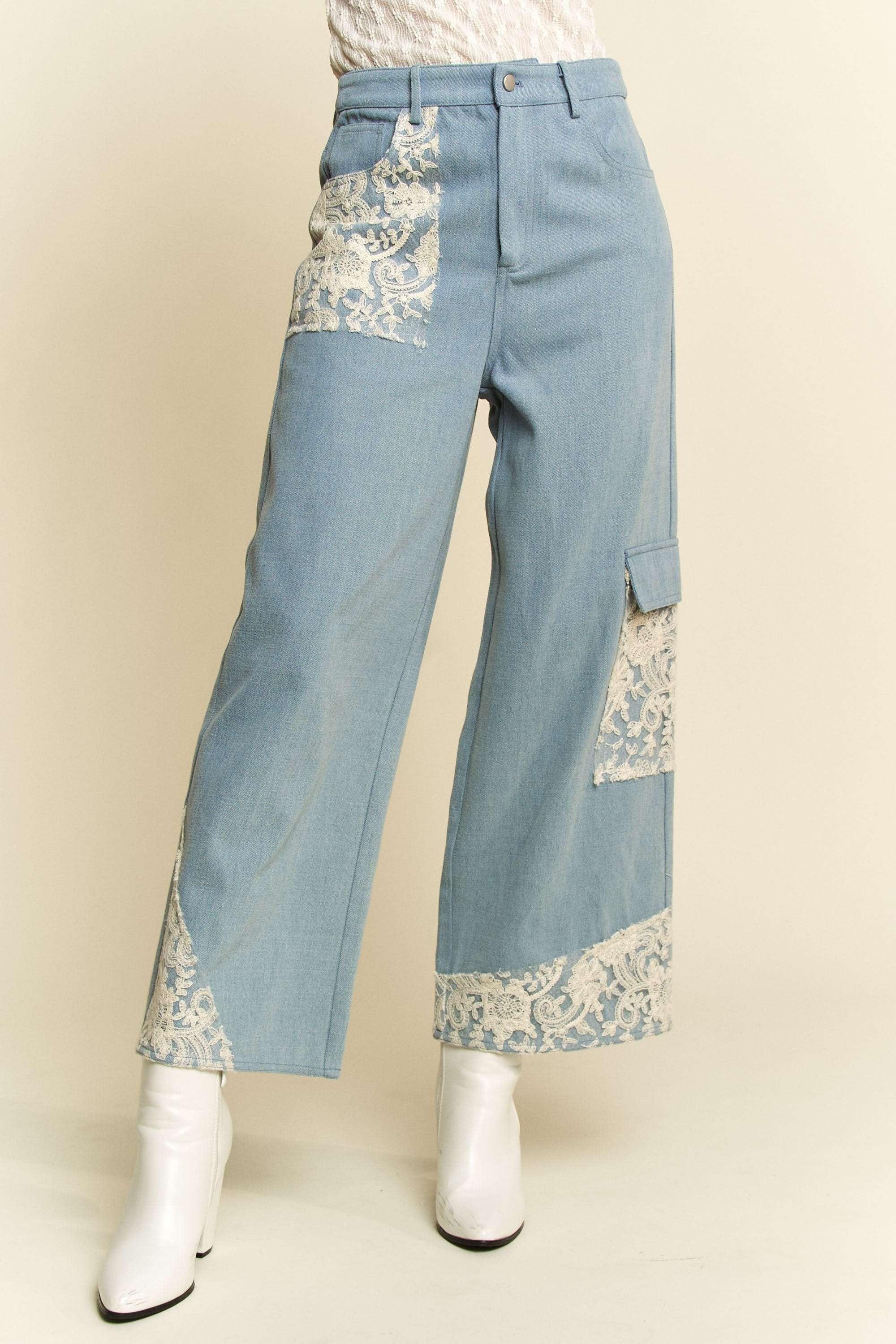 Davi & Dani Lace Applique Wide Leg Jeans - DAVERRI FASHIONS
