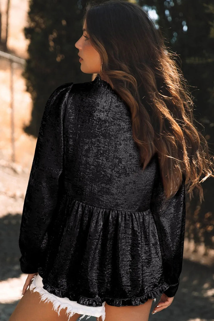 Frill Peplum V-Neck Long Sleeve Blouse | Blouses Daverri Fashions