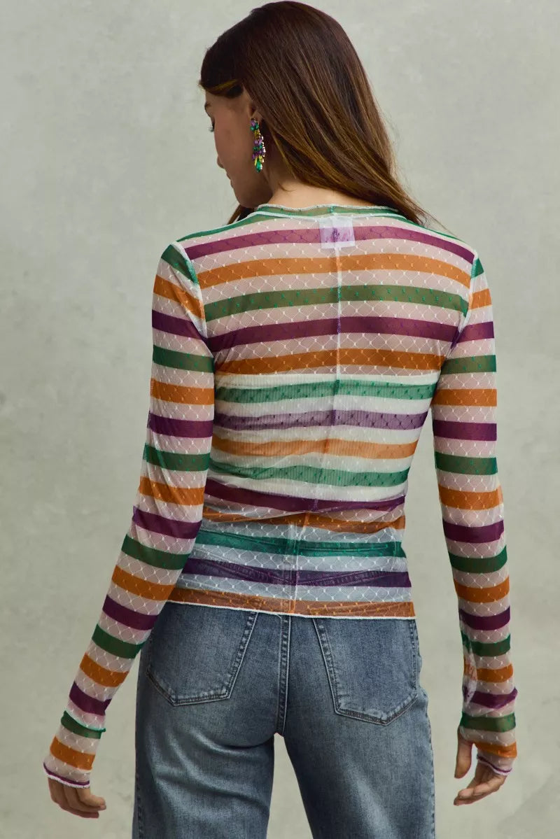 SO ME Mardi Gras Color Stripe Stretch Mesh Top in vibrant stripes