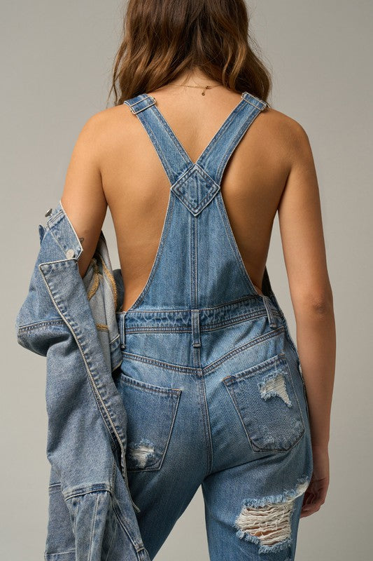 Distressed Straight Leg Denim Overalls Overalls