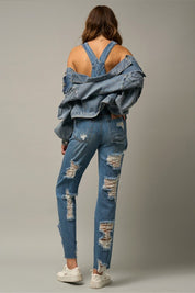 Distressed Straight Leg Denim Overalls Overalls