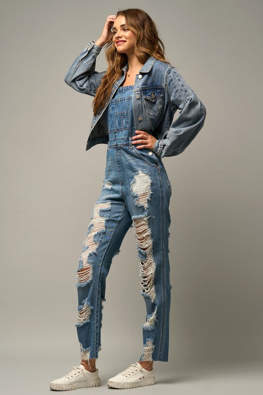 Distressed Straight Leg Denim Overalls Overalls