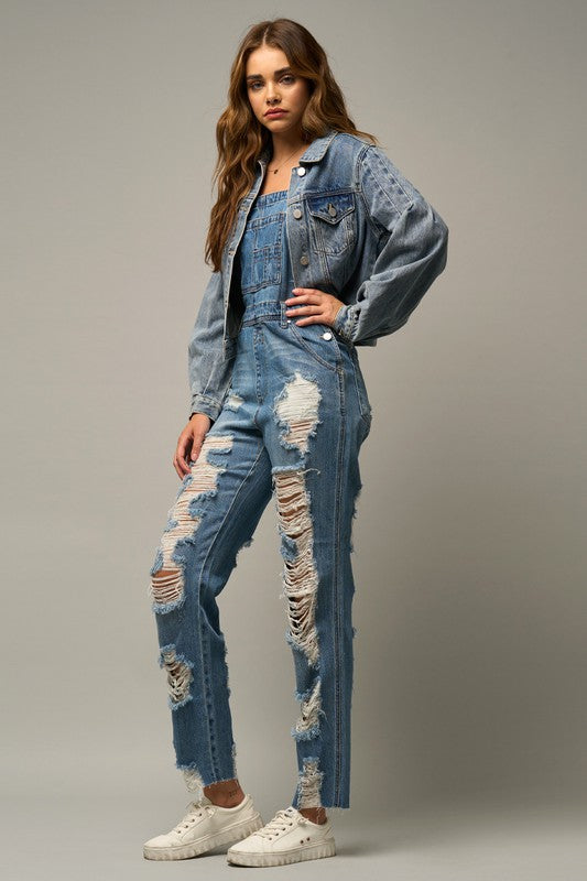 Distressed Straight Leg Denim Overalls Overalls