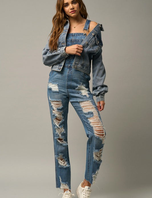 Distressed Straight Leg Denim Overalls Overalls