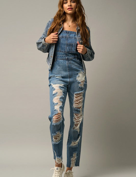 Distressed Straight Leg Denim Overalls MEDIUM Overalls