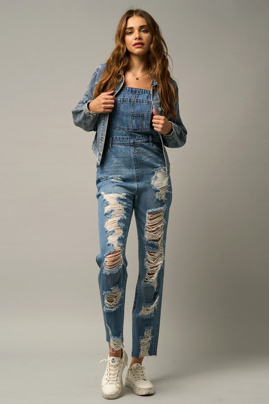 Distressed Straight Leg Denim Overalls MEDIUM Overalls