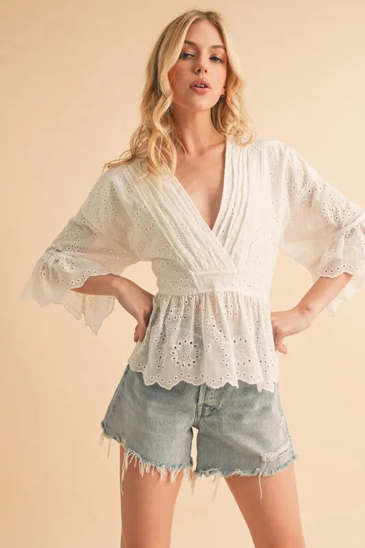 Aemi+Co Flounce Sleeve Eyelet Peplum Top
