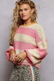 POL Contrast Striped Round Neck Sweater with Textured Cable Knit Pattern | Sweaters Daverri Fashions
