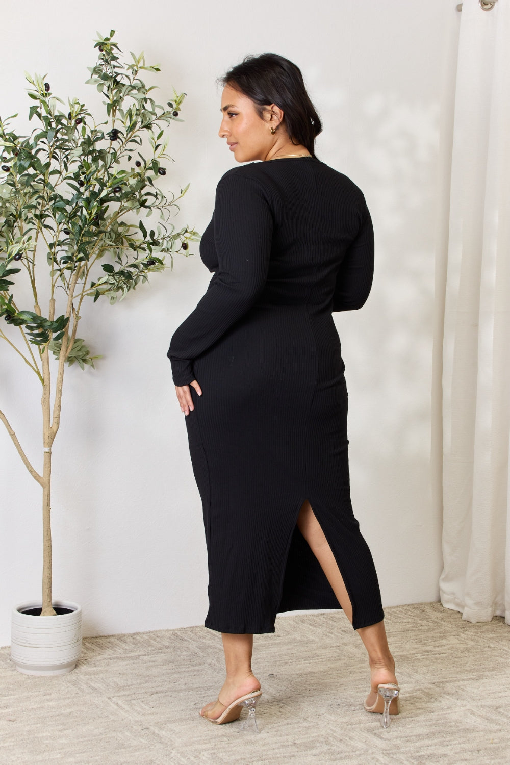 Culture Code Ribbed Long Sleeve Midi Slit Dress Clearance