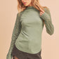 Sage green Aemi + Co mock neck top with crochet lace sleeves, small
