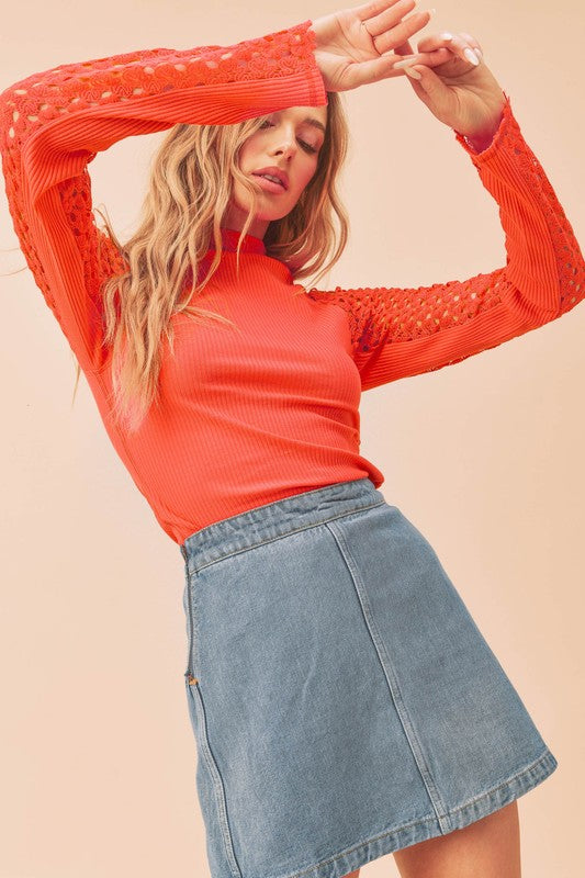 Aemi + Co orange mock neck knitted lace sleeve top small
