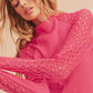 Vibrant fuchsia Aemi + Co mock neck knitted lace sleeve top, small