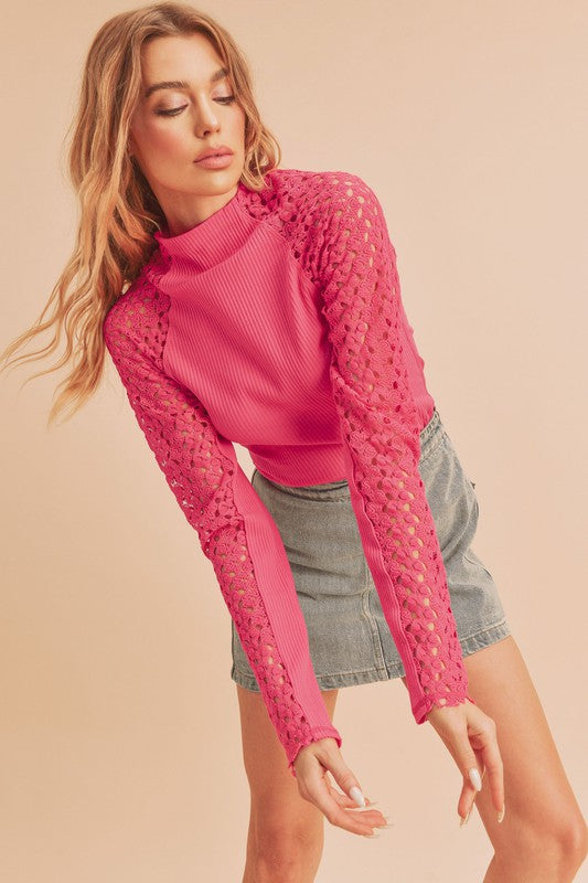 Vibrant pink Aemi + Co mock neck knitted lace sleeve top, small