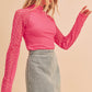 Vibrant pink Aemi + Co mock neck top with lace sleeves, size small