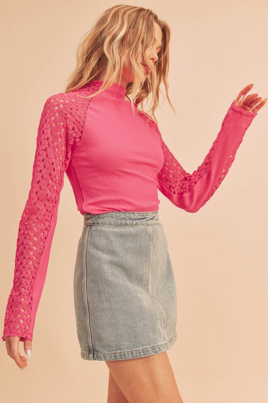 Vibrant pink Aemi + Co mock neck top with lace sleeves, size small