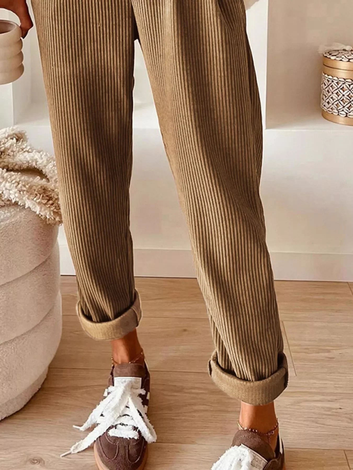 Daverri Fashions casual corduroy drawstring waist pants in warm beige with rolled cuffs